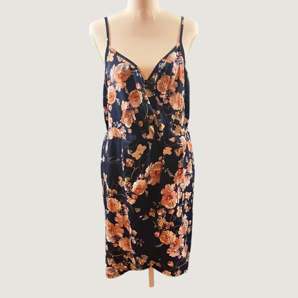 Shein Curve 1XL Navy Blue Floral Faux Wrap‎ Knee Dress Romantic Boho Whimsigoth